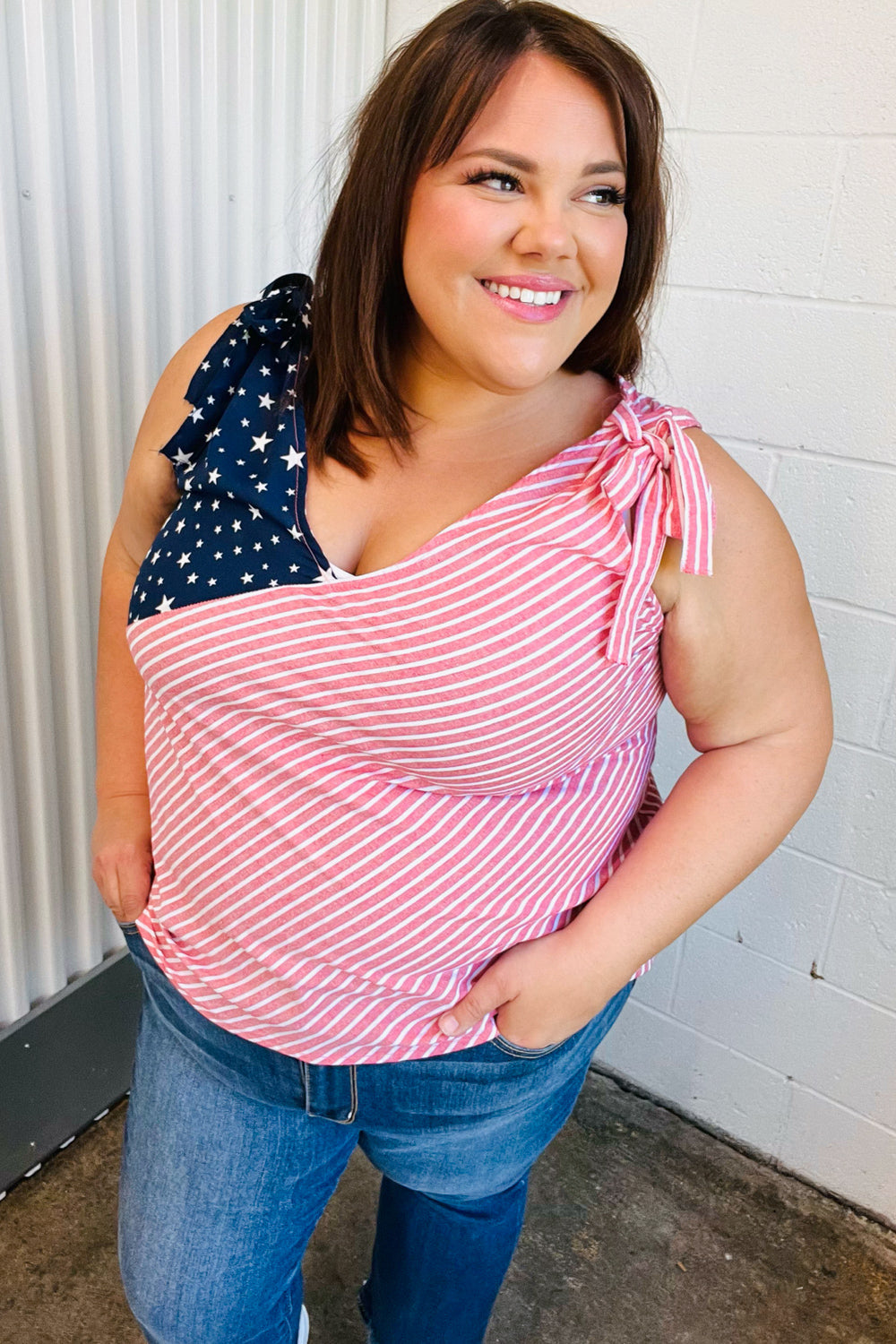 Stars & Stripes V-Neck Shoulder-Tie Detail Top